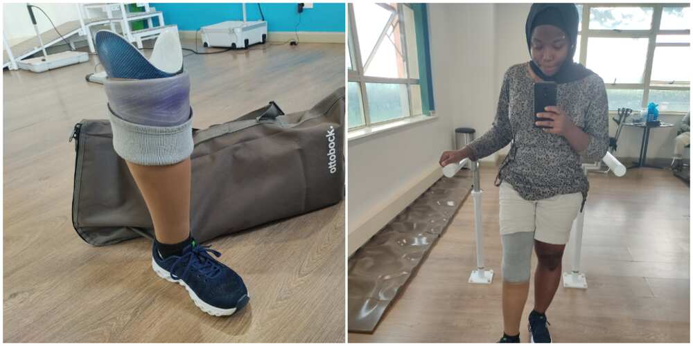 Female amputee celebrates as Nigerians get her a new prosthetic leg, shares selfie of her new look, many react