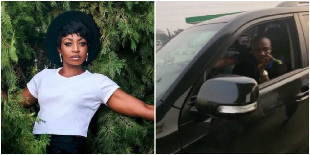 Kate Henshaw at a fuel station