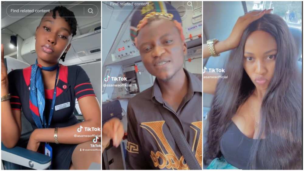 Flight attendant and Portable/Musician made lady smile. Flight attendant and Portable/Musician made lady smile.