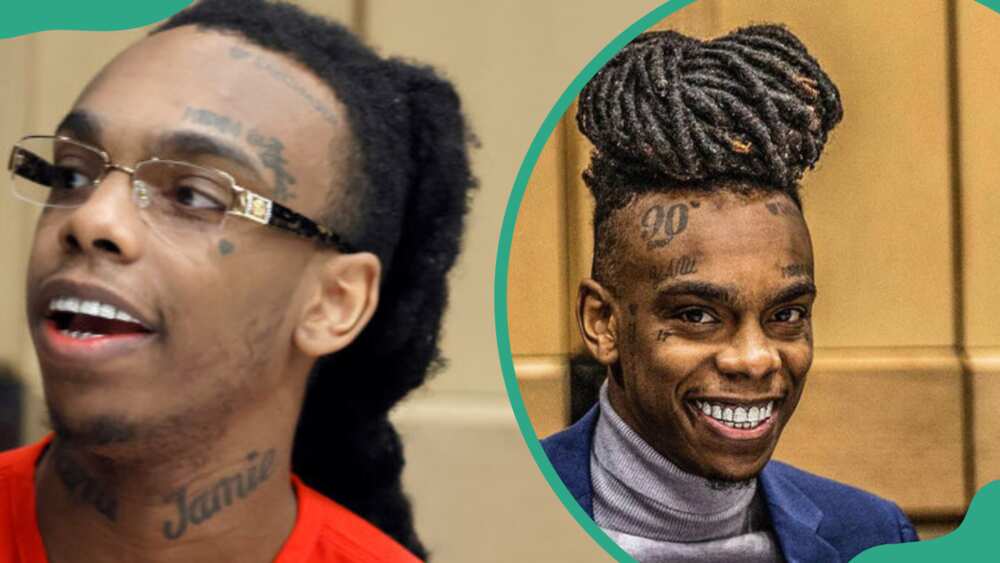 YNW Melly in a courtroom at the Broward County Courthouse (L). The rapper during a jury selection hearing (R)