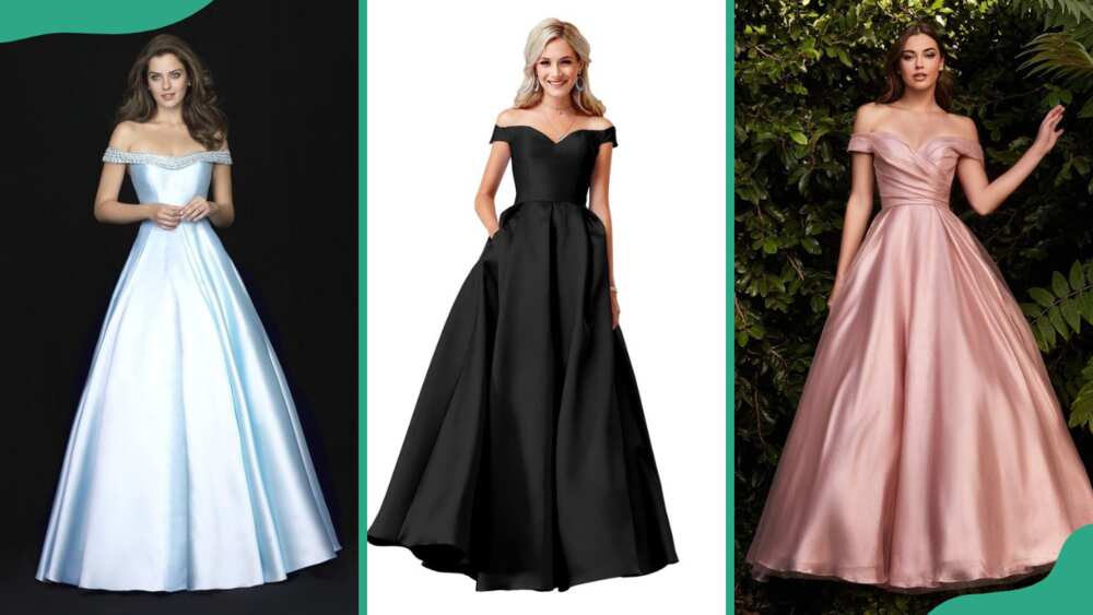Light blue off-shoulder gown (L), black off-shoulder ball gown (C), and peach off-shoulder ball gown (R)