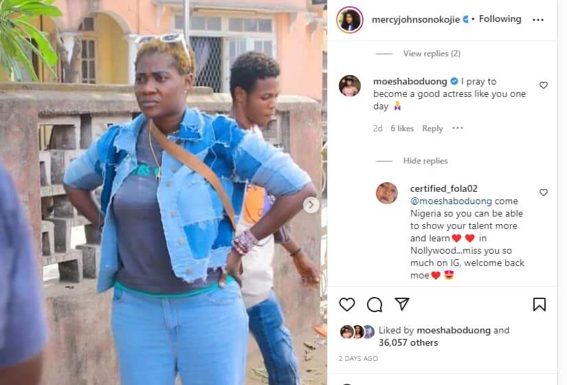 Moesha Begs to Become Good Actress Like Mercy Johnson; Lady Invites her to Visit Nigeria