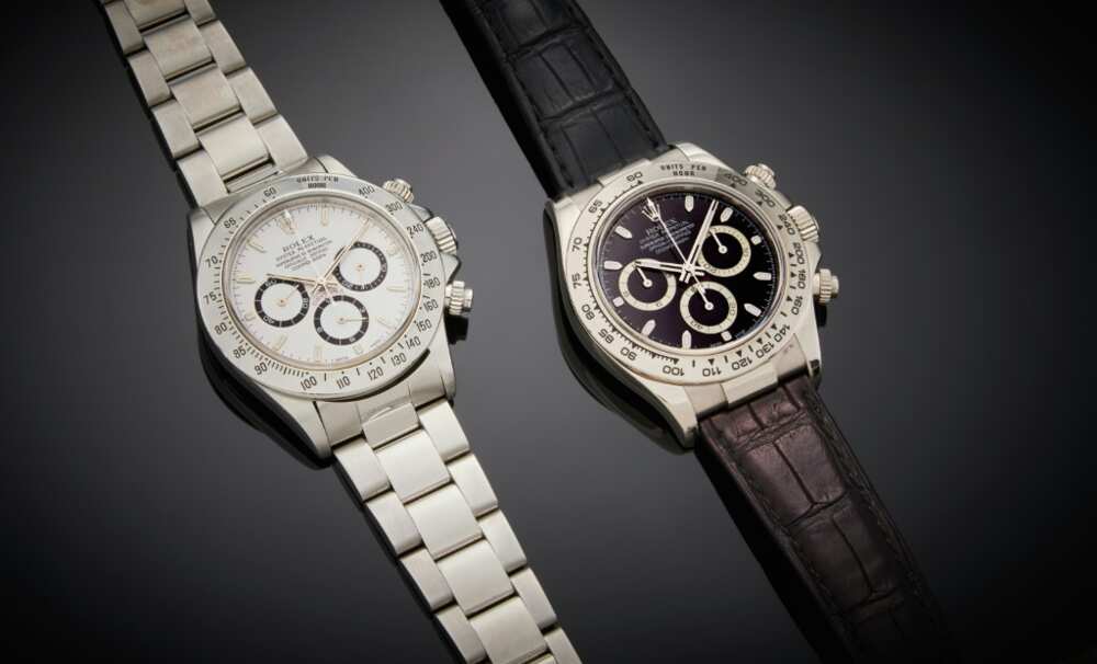 This Sotheby's handout image shows two Rolex Daytona watches worn by iconic actor Paul Newman, and which are expected to fetch more than $500,000 each when they are auctioned in June 2023