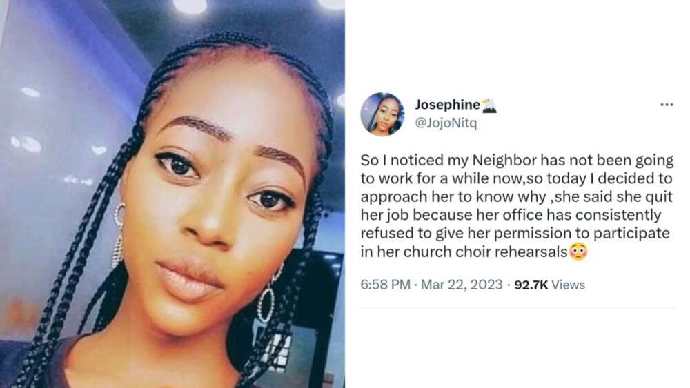 Lady quits jobs to attend church rehearsals Lady quits jobs to attend church rehearsals