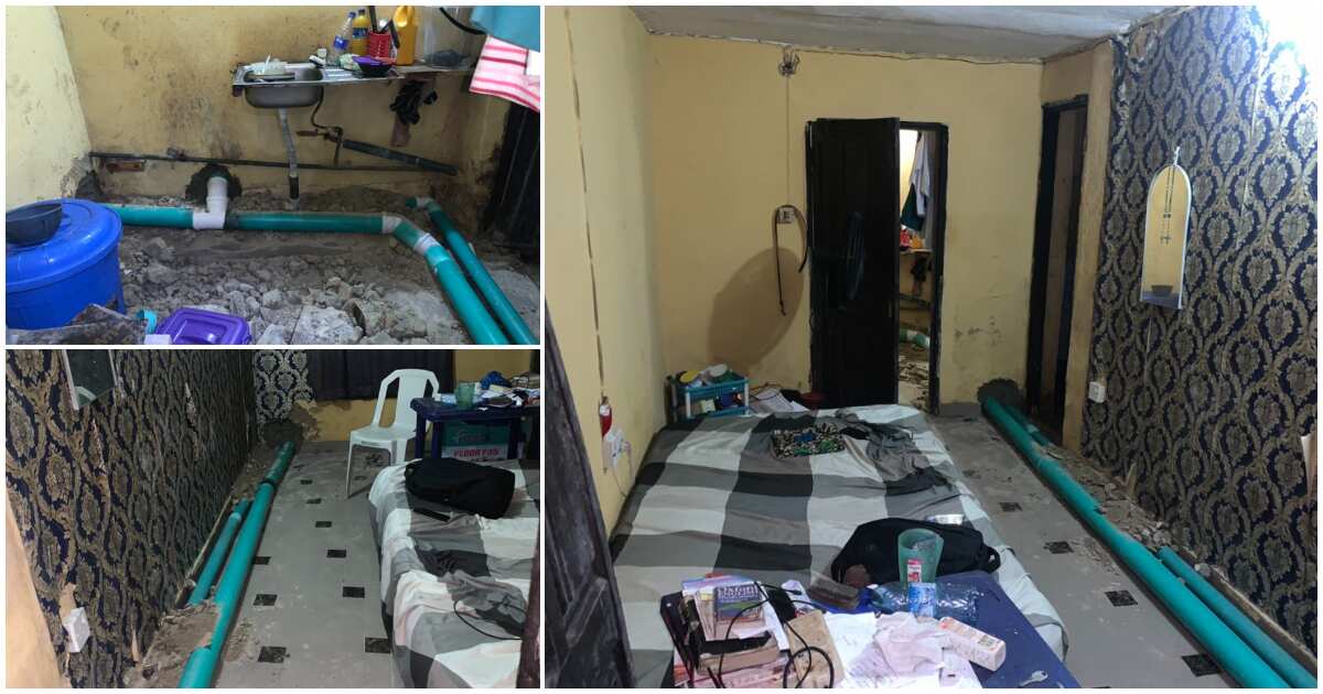 Nigerian man cries out after returning from work to find 2 toilet pipes passed through his room