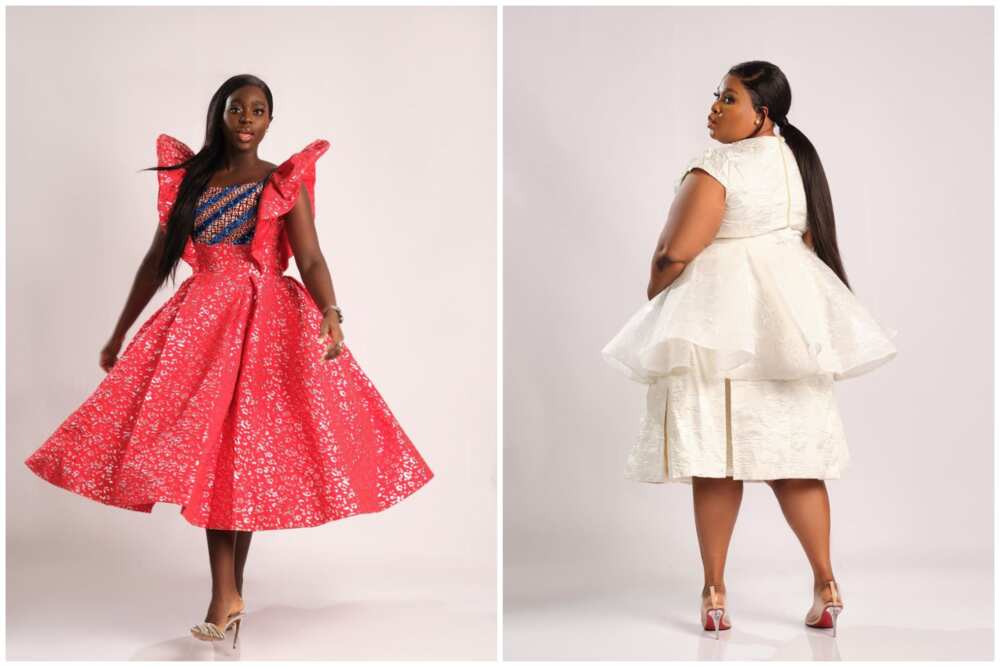 Two ladies showcasing red and white flared Damask short gowns.