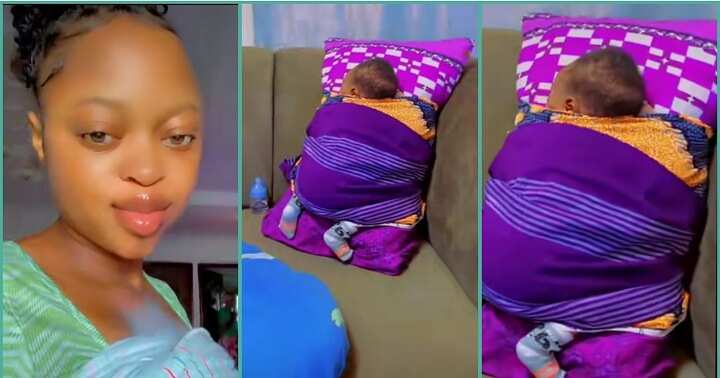 Nigerian mother uses wrapper to tie her baby to a pillow
