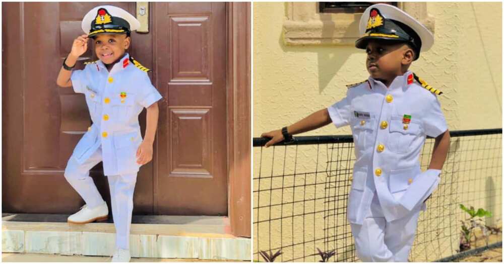 Boy dressed like Navy officer for career day in school