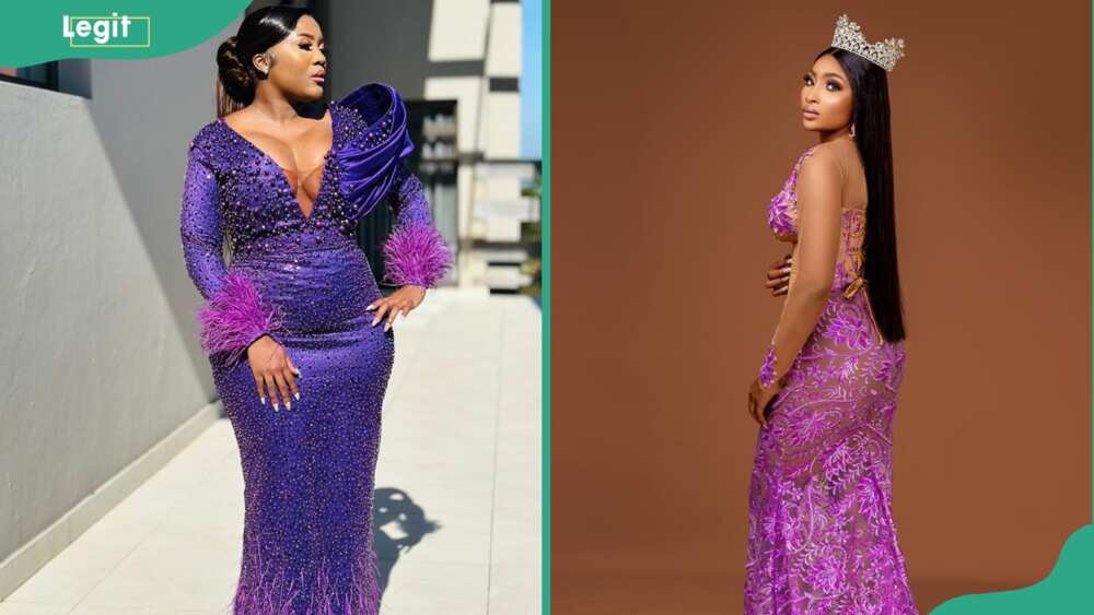 Two ladies wearing lavender sequin high-low gowns