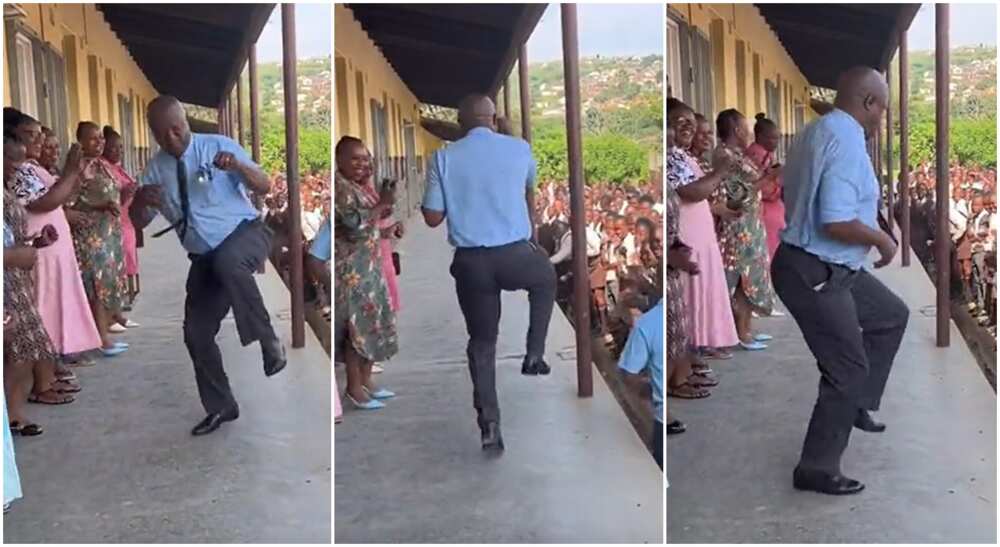 Photos of a school principal posing while dancing before his students. Photos of a school principal posing while dancing before his students.