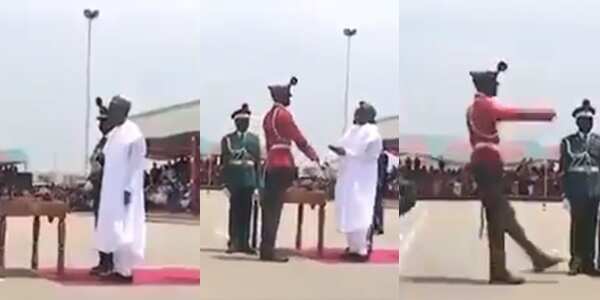 Hilarious moment President Buhari met the "tallest man in the Nigerian Army"