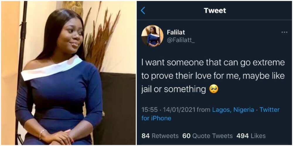 Reactions as lady says she needs someone to prove love to her by going to jail