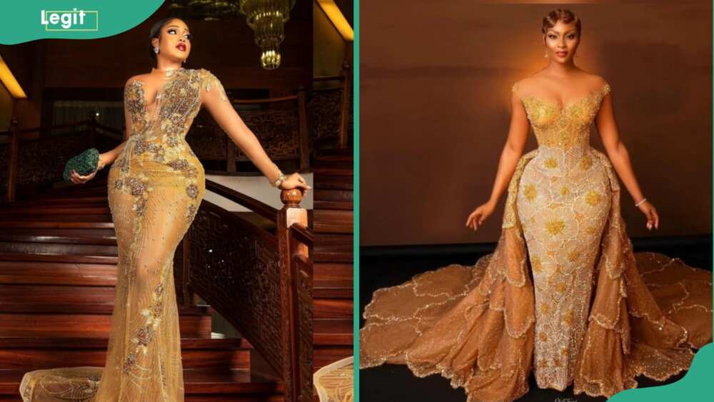 Women in trendy gold sequin mermaid gowns