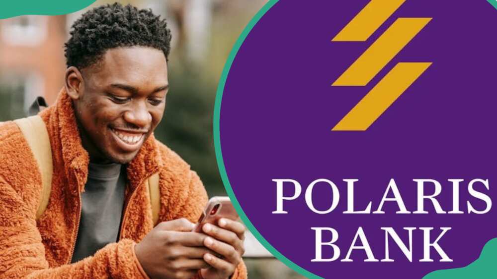 A young man dialing a phone (L). Polaris Bank logo (R)