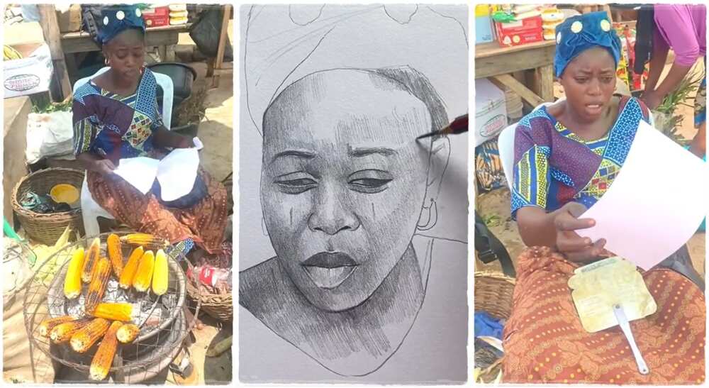 Photos of a corn seller drawn by street artist.