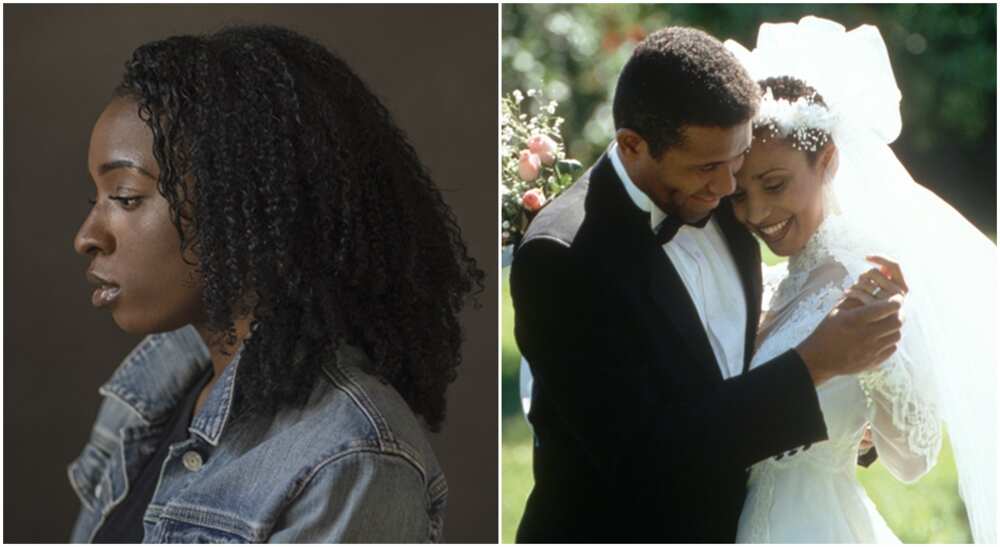 Photos of a sad black woman and a couple.