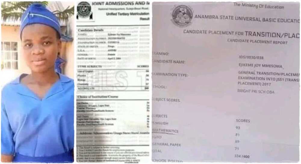 Photos of Mmesoma Ejikeme and her JAMB result.