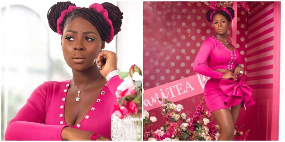 Photos of BBNaija star Khloe in a pink outfit.