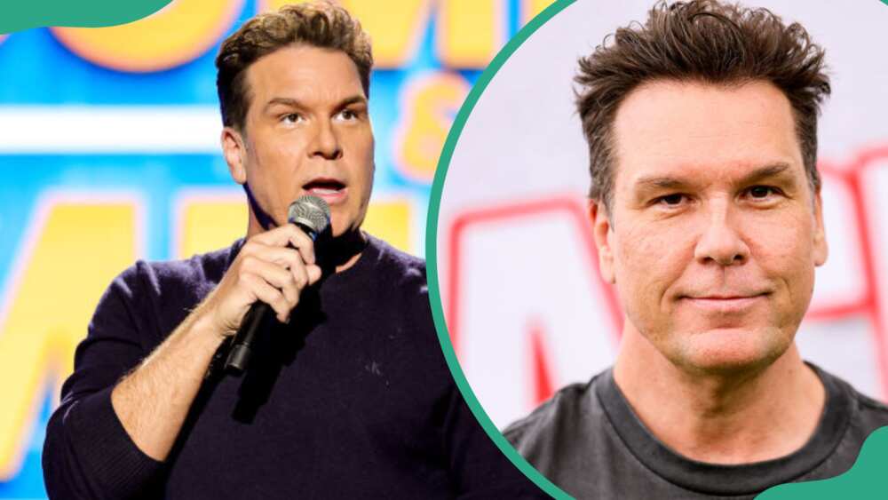 Dane Cook speaks during Byron Allen Presents: The Comedy & Music Superfest (L). The comedian at Regency Village Theatre (R)