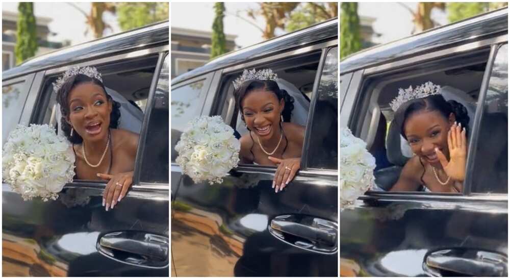 A beautiful bride in a car.