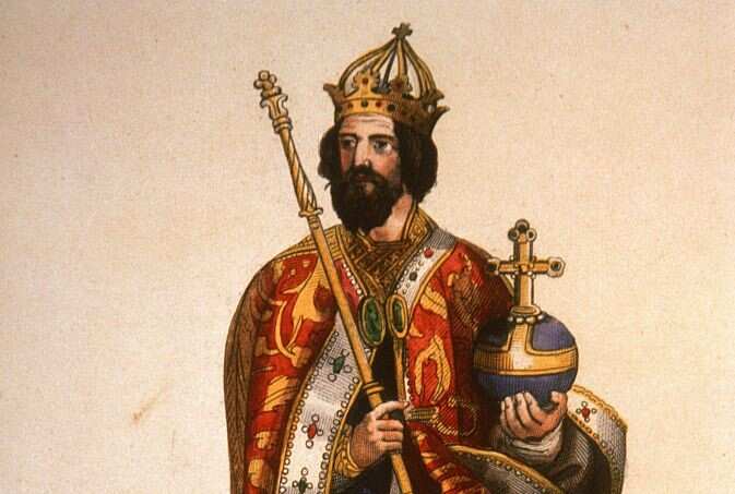 Portrait of the Emperor Charlemagne holding a rod and a cross