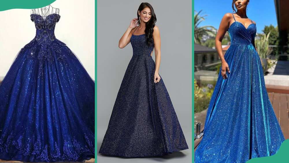 Navy blue sparkly gown (L), black sparkly gown (C), and a blue sparkly ball gown (R)