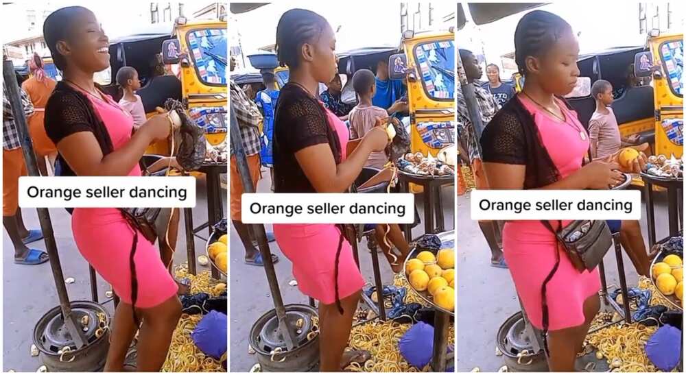 Photos of a lady who sells orange dancing in the public.