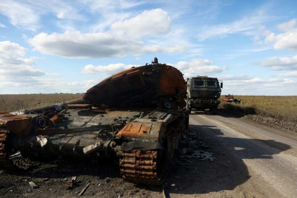 A destroyed Russian tank in Ukraine
