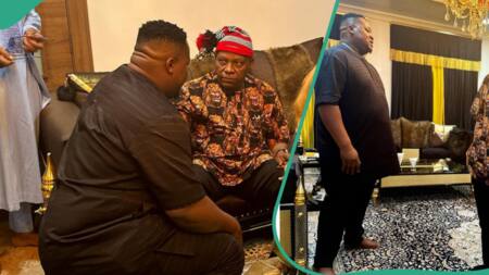 "We dey with you": Cubana Chiefpriest vows as he meets VP Shettima, knees and bow to greet him