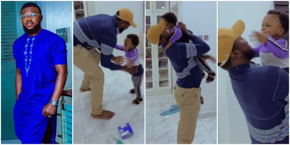 Fans in awe as Toyin Abraham's son excitedly welcomes his father back home