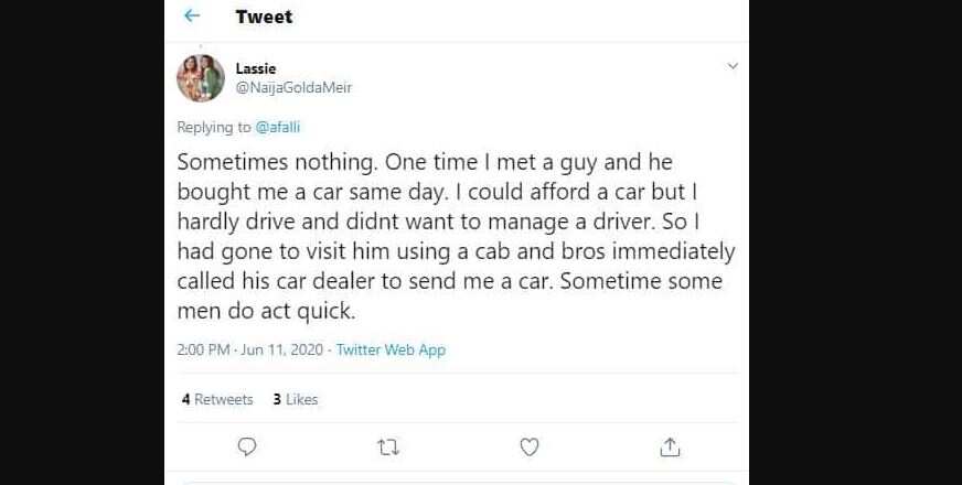 I met a man who bought me a car on the same day - Lady claims