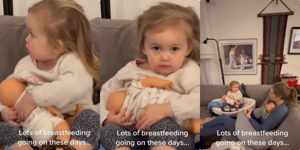 Little Girl Imitates Her Mum, Breastfeeds Her Baby Mannequin