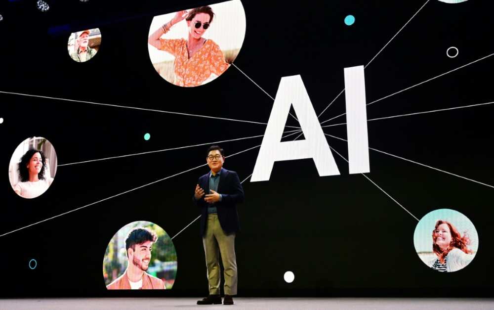Samsung Electronics CEO JH Han highlights AI developments at a CES press event in Las Vegas