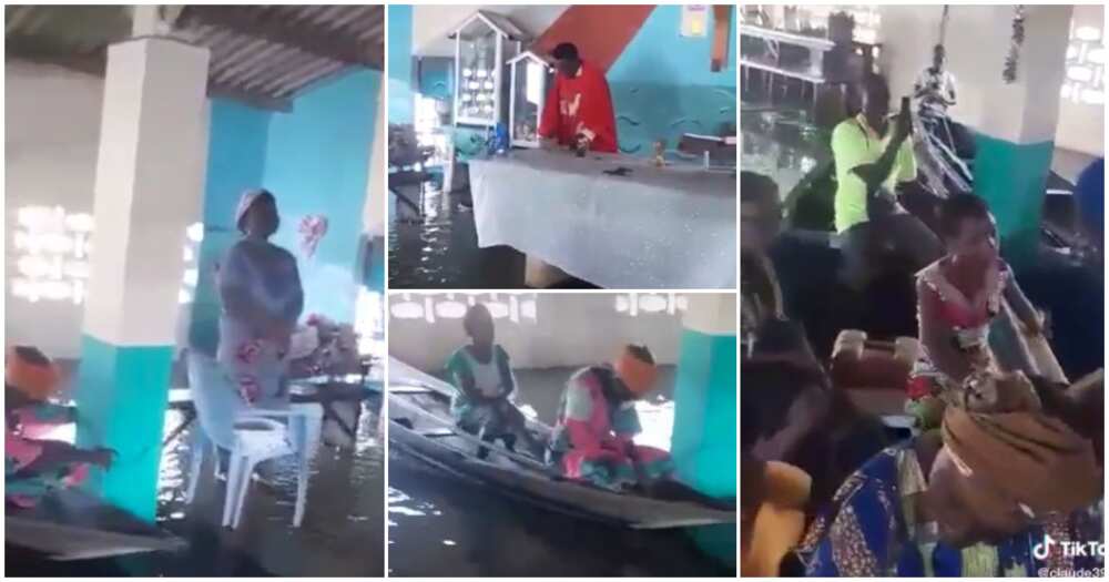 Flooded church, boats, priest, members, worship centre, church service held in flooded place