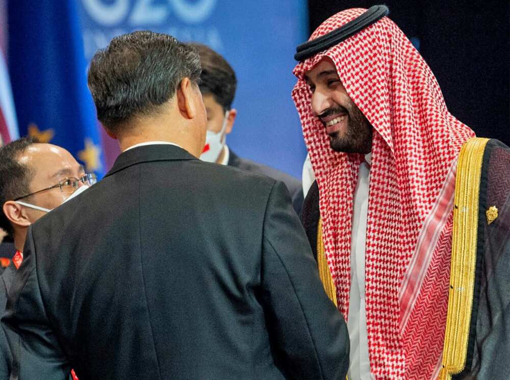 Saudi Crown Prince Mohammed bin Salman shakes hands with Chinese President Xi Jinping at a G20 summit in the Indonesian resort island of Bali in November