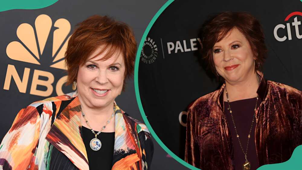 Vicki Lawrence during "Carol Burnett: 90 Years of Laughter + Love" (L) Vicki Lawrence in a maroon outfit (R)