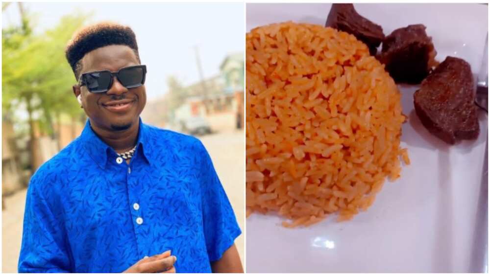 Comedian Kenny Blaq shows small rice and 3 pieces of meat he bought for N6500