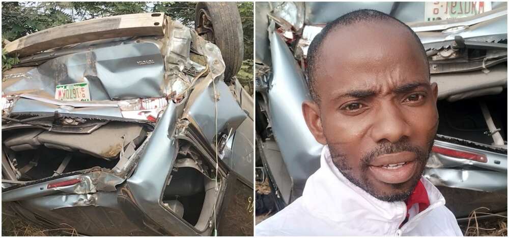 Nigerian man, Mathew Ogunjobi survives road accident along Lagos-Ibadan expressway.