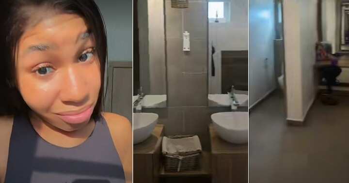 Lady shares video of bed inside a restroom in Lagos