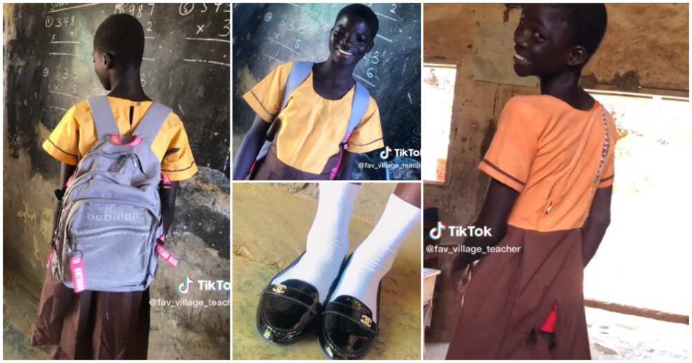 Village girl in torn uniform, new school bag and shoes, teacher gifts student uniform