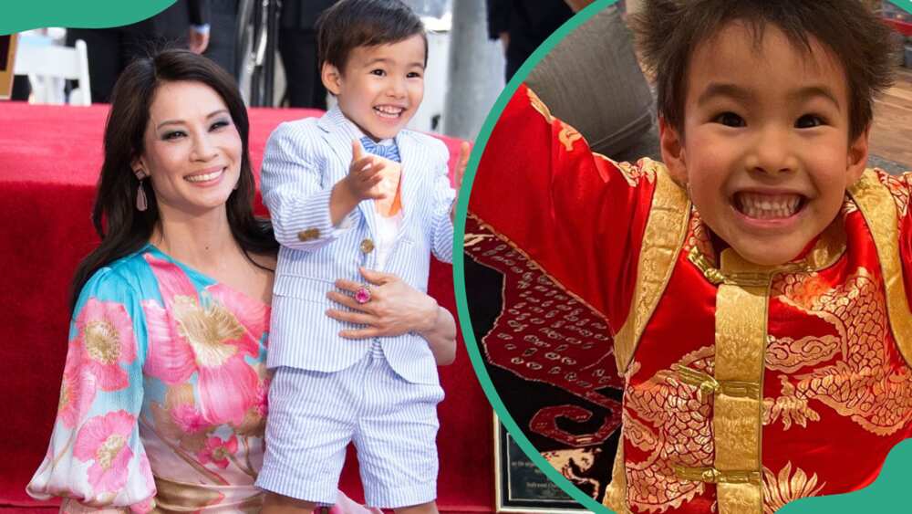Lucy Liu with her son Rockwell (L). Rockwell in a red robe embellished with golden designs (R)
