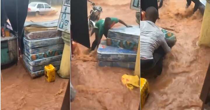 Heavy flood almost sweeps man's foams, woman, playing love