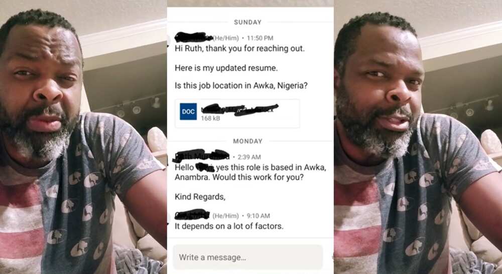Photos of a Nigerian man who lives in USA but sent a resume to a recruiter in Awka.