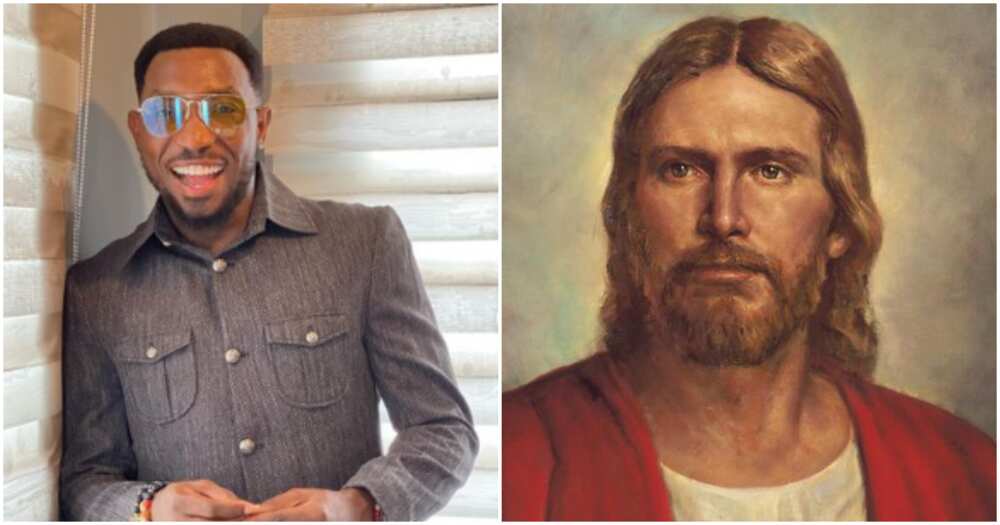 Photos of singer Timi Dakolo and a portrait of Jesus Christ