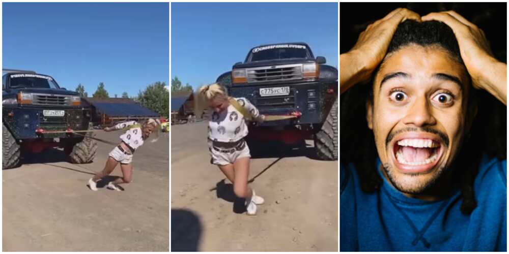 Stunning video shows Oyinbo lady pulling big car with only ropes