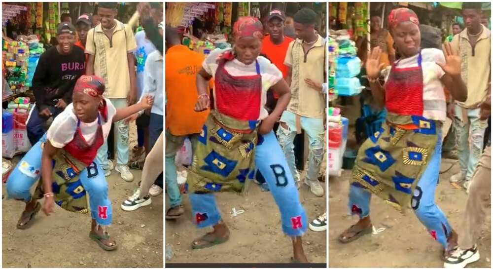Photos of a market woman dancing.