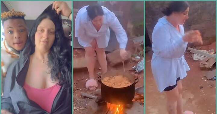 White woman cooks with firewood for the first time, husband reacts
