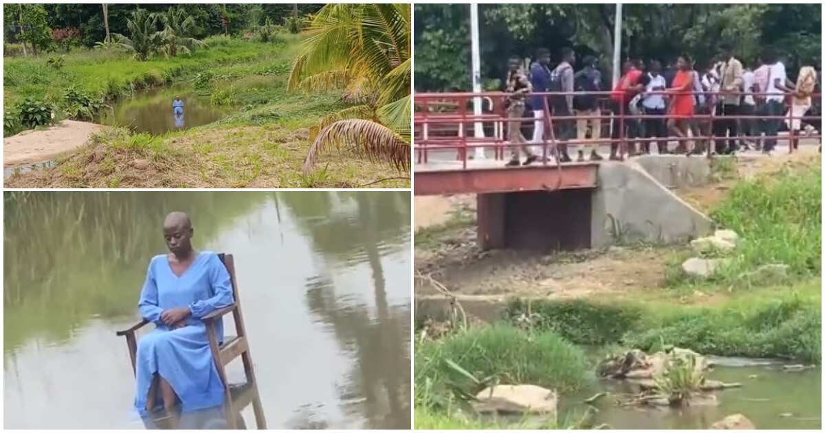 Confusion as strange girl is seen seated quietly in middle of campus river for 6 hours, video goes viral