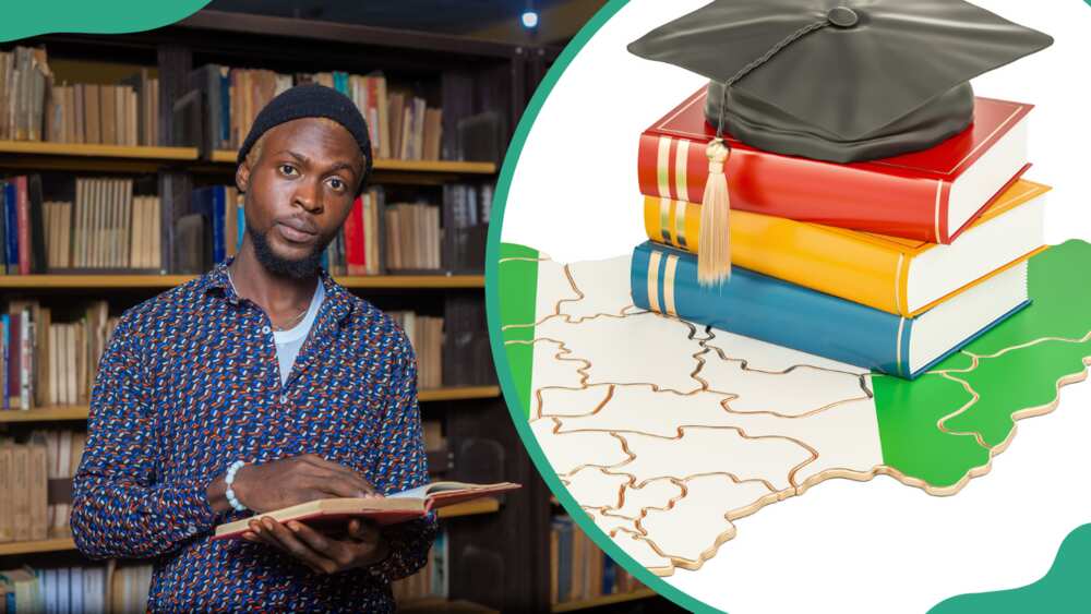 A student holding a book in the library (L). Three books and a graduation cap on the material with a Nigerian map (R)