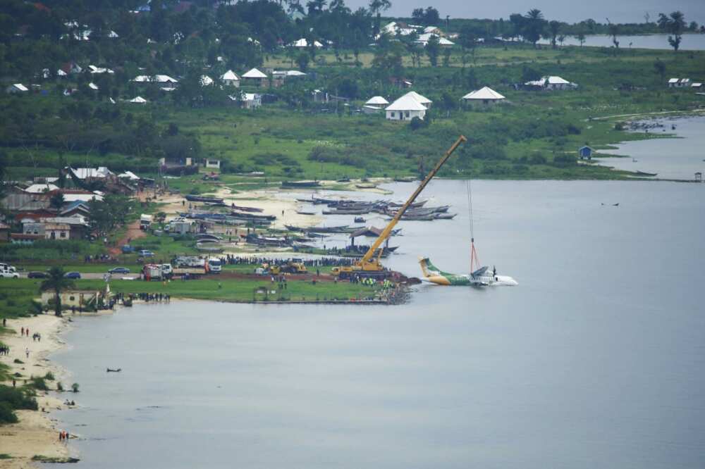 A crane removes the crashed Precision Air aircraft from  Lake Victoria at Bukoba, Tanzania